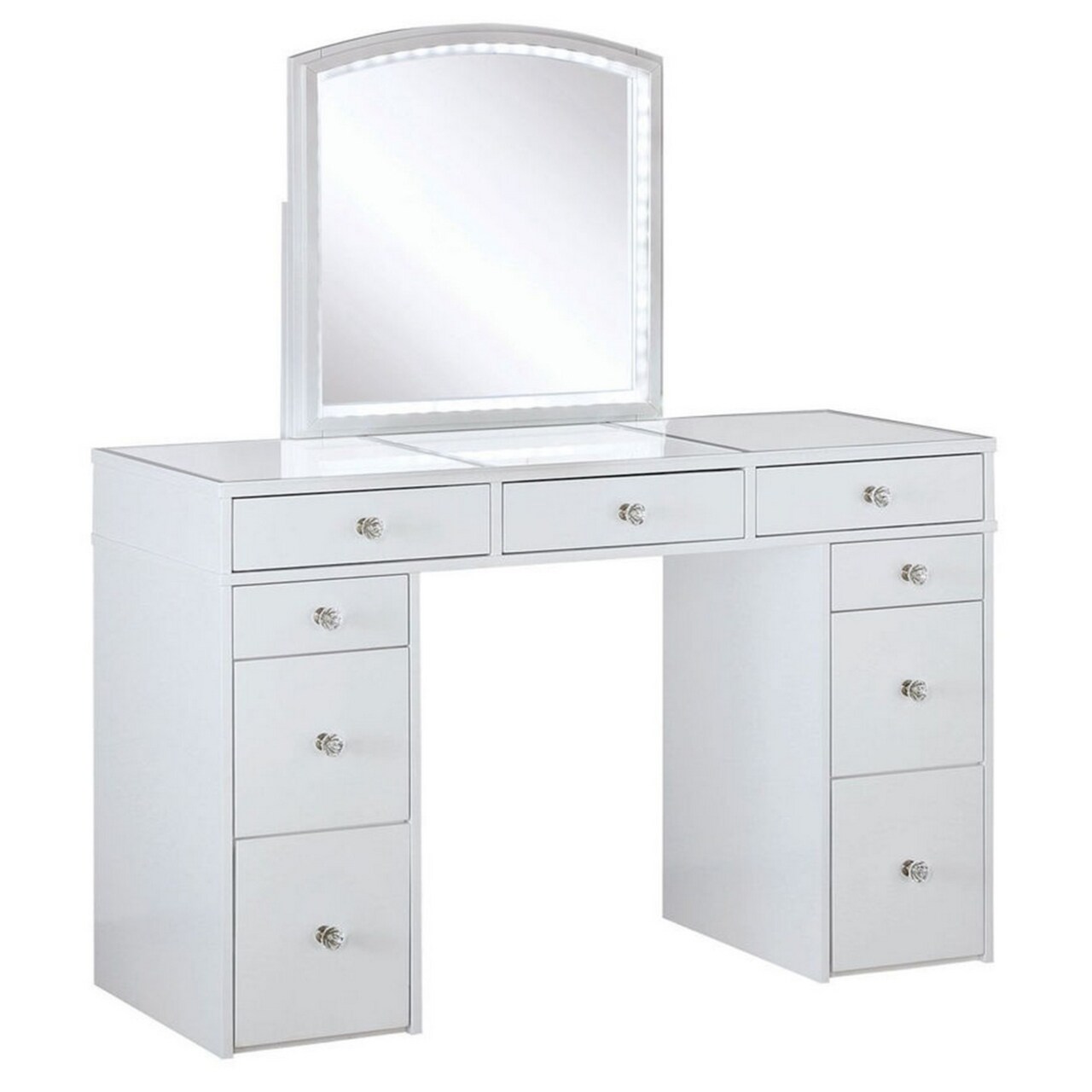 Saltoro Sherpi Wooden Frame Vanity Set with a Stool and Mirror Trim, White and Silver-